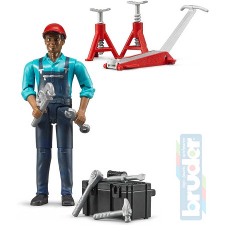 BRUDER 62100 Figurka mechanik 11cm tmavá pleť set s doplňky plast