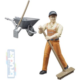 BRUDER 62130 Figurka komunální pracovník 11cm set s kolečky a nářadím plast