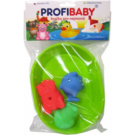 PROFIBABY Koupací set vanička + zvířátko gumové 3ks do vody 3 barvy v sáčku