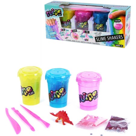 Slime Play výroba slizu kreativní set 3 kelímky se třpytkami a dino figurkou