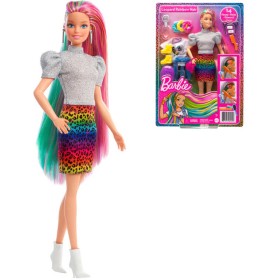 MATTEL BRB Barbie leopardí panenka s duhovými vlasy a doplňky